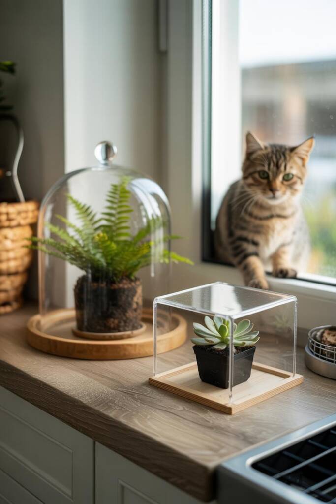 Vertical 2:3 tabletop vignette of a small fern under a glass cloche; nearby, a DIY clear acrylic cube cover over a succulent;