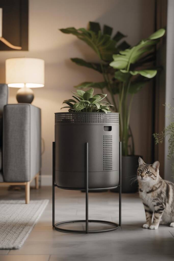 Vertical 2:3 close-up of a modern self-watering planter with a locking lid/perforated grid and side watering port; plant heal