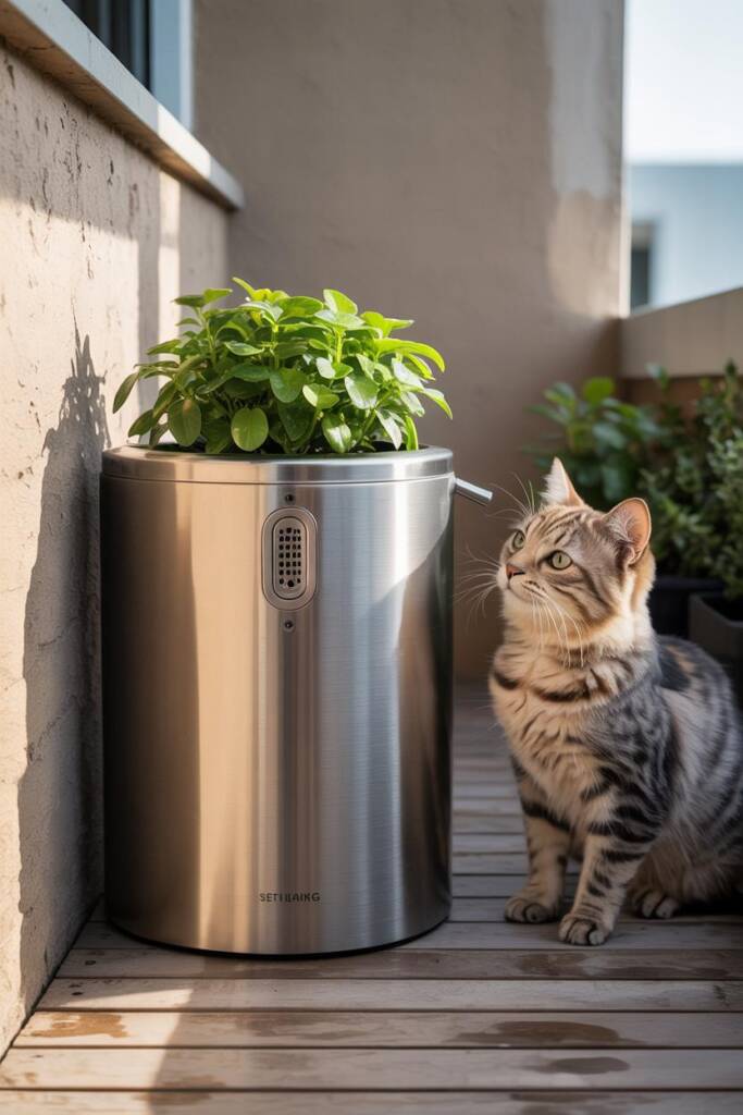 Vertical 2:3 close-up of a modern self-watering planter with a locking lid/perforated grid and side watering port; plant heal