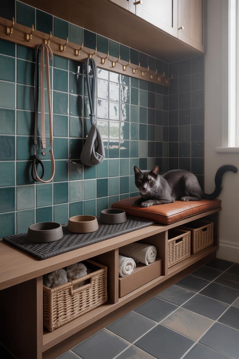 A bright mudroom corner with glossy square tiles (sea-glass tone) as a splashback; raised feeding stand with matching ceramic