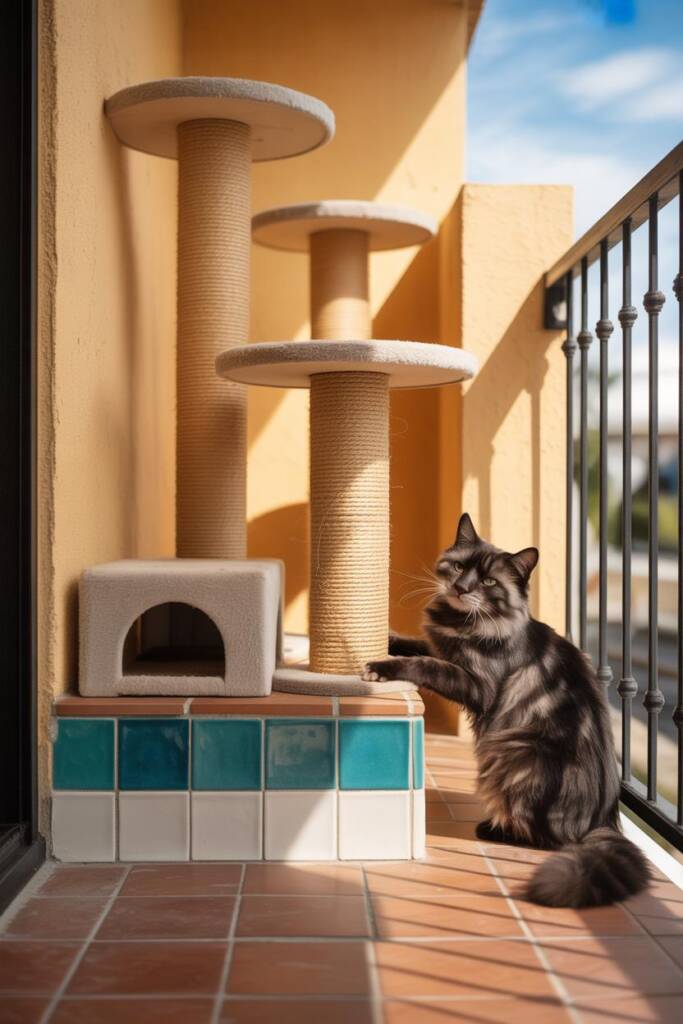 Pinterest vertical (2:3). Product-forward scene tied to Moroccan cat lounge cat trees: trio of sisal posts mounted on a bold