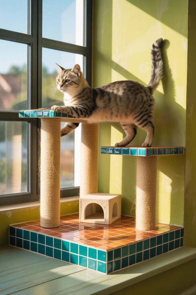 Pinterest vertical (2:3). Product-forward scene tied to Moroccan cat lounge cat trees: trio of sisal posts mounted on a bold