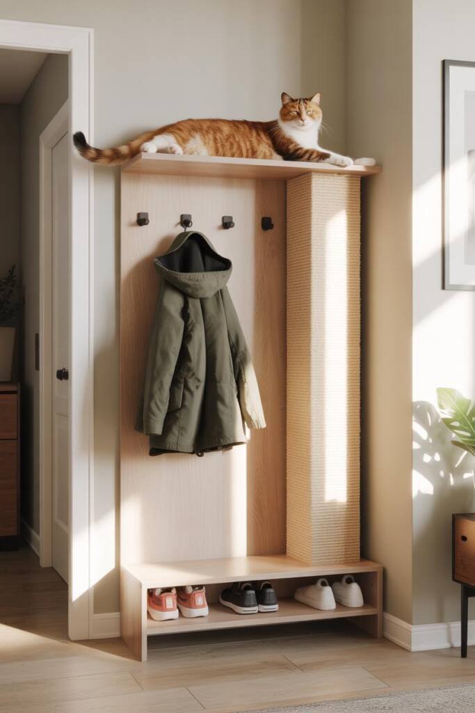 Vertical 2:3 photo of a slim entryway rack with coat hooks, shoe cubbies, and an integrated sisal scratching pillar; parka ha