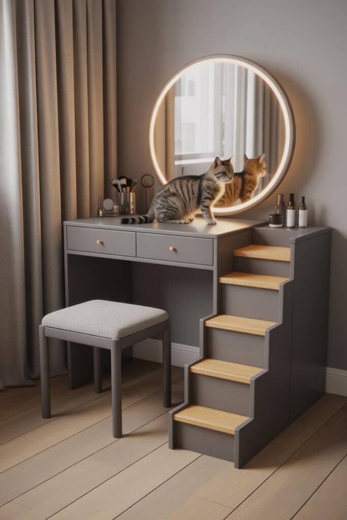 Pinterest vertical (2:3). Slim vanity table (matte white) with round brass-rim mirror; integrated cat steps rising from a sid