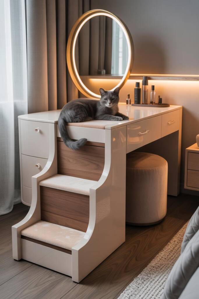 Pinterest vertical (2:3). Slim vanity table (matte white) with round brass-rim mirror; integrated cat steps rising from a sid