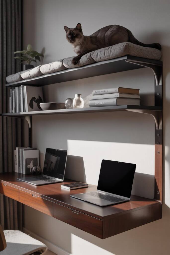 Photorealistic vertical 2:3; minimalist wall desk integrated with open shelving; laptops and neatly stacked books; one shelf