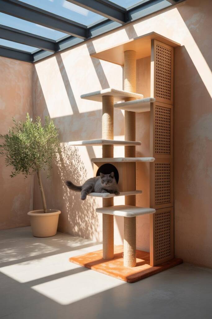 Pinterest vertical (2:3). Open multi-tier tower referencing Moroccan cat lounge cat trees: mashrabiya-style lattice side pane