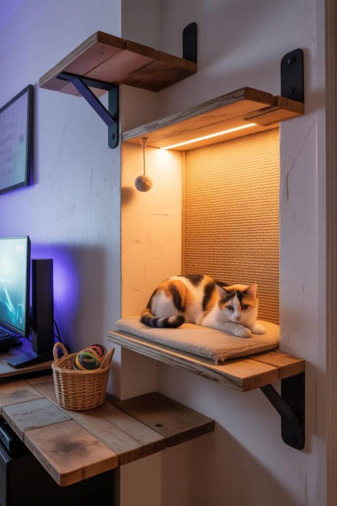 Photorealistic 3:4 corner vignette: floating triangular shelf path leading to a cushioned nook with warm puck light; soft thr