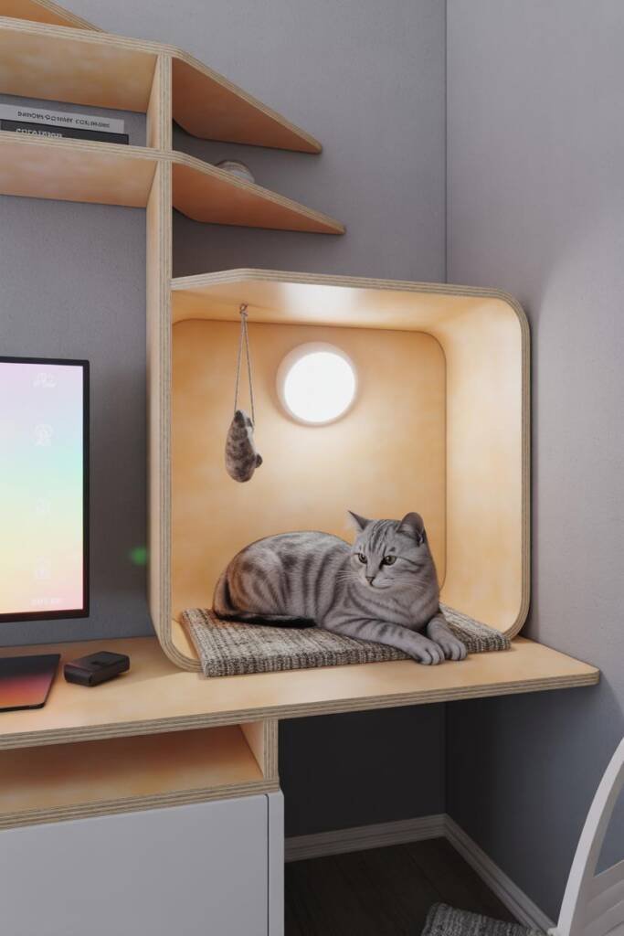 Photorealistic 3:4 corner vignette: floating triangular shelf path leading to a cushioned nook with warm puck light; soft thr