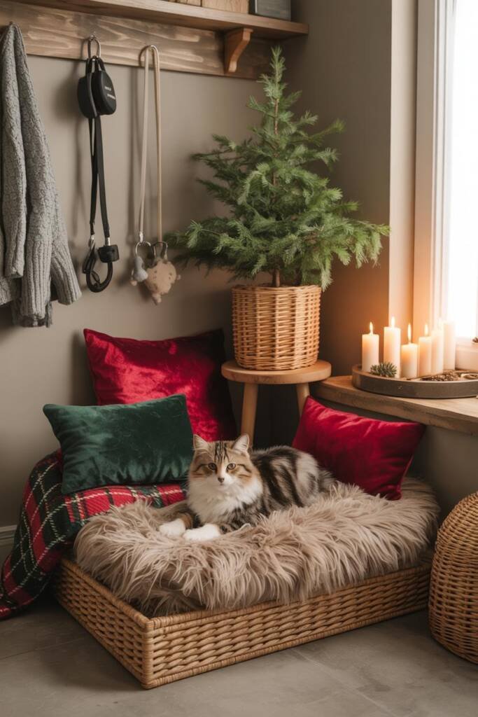 Pinterest vertical 2:3. Lifestyle corner vignette: plush pet bed layered with tartan throw and velvet holiday pillows; small