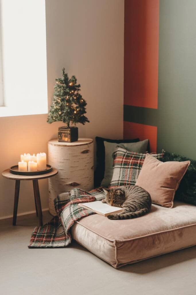 Pinterest vertical 2:3. Lifestyle corner vignette: plush pet bed layered with tartan throw and velvet holiday pillows; small