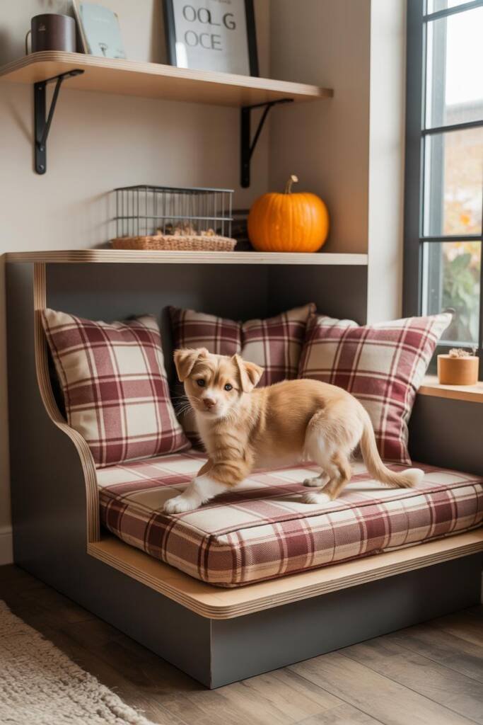 A corner nook with plaid pet-safe cushions, a pumpkin nearby, and a cozy fall throw, designed for cats or dogs pet-friendly p