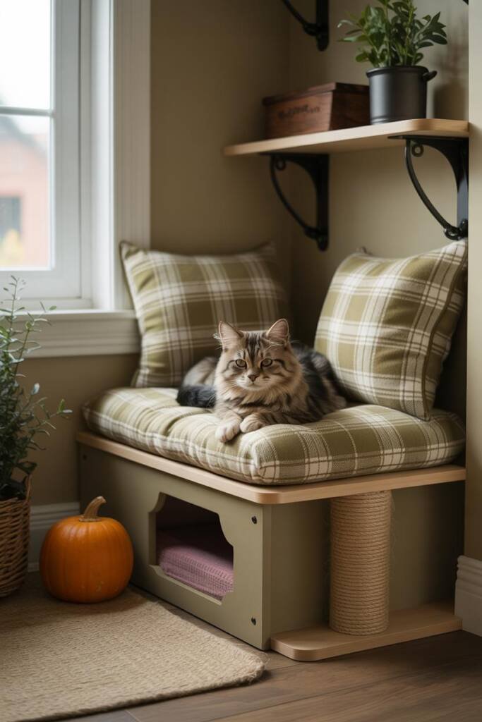 A corner nook with plaid pet-safe cushions, a pumpkin nearby, and a cozy fall throw, designed for cats or dogs pet-friendly p