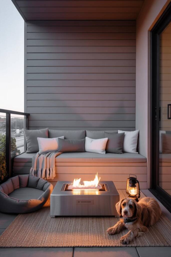 Vertical 2:3, built-in bench with removable, washable cushions around a rectangular fire feature; soft throw and a stylish or