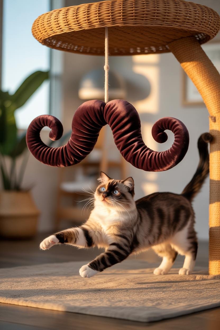 Plush dangling toys shaped like Dalí’s iconic moustache; twisted curls exaggerated into surreal, shiny velvet; toys suspended