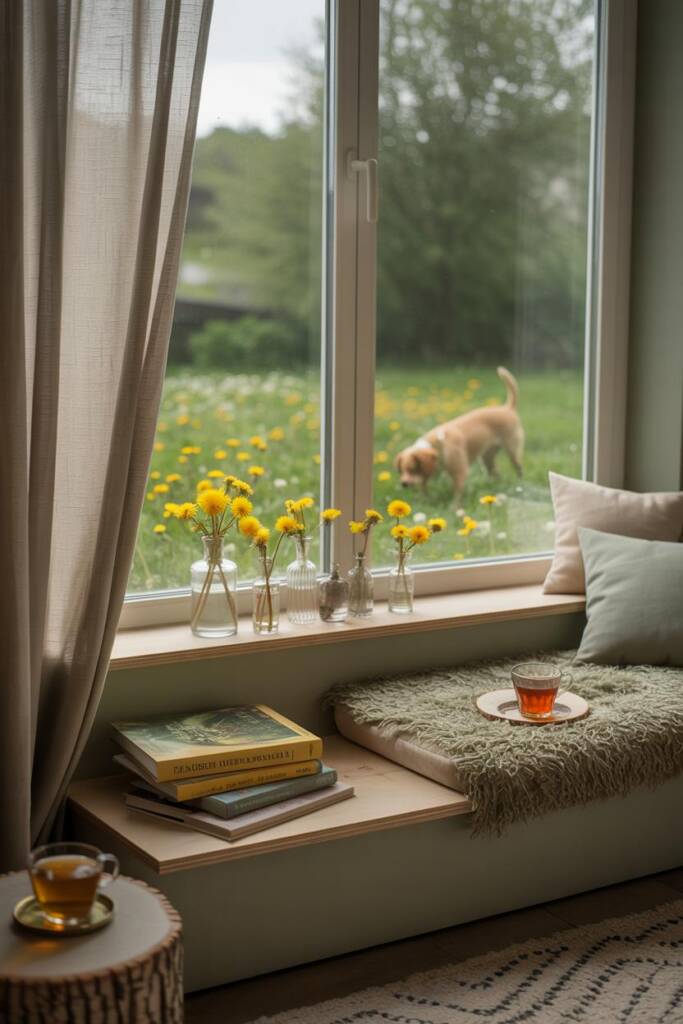Dandelion flowers in grass with a dog sniffing happily nearby. herbs that are safe dandelion for pets