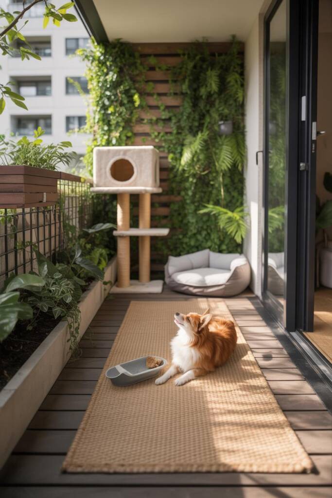 Vertical 2:3 living room plan showing a textured runner leading from entry to a sunny window perch/cat tree and a cozy dog be