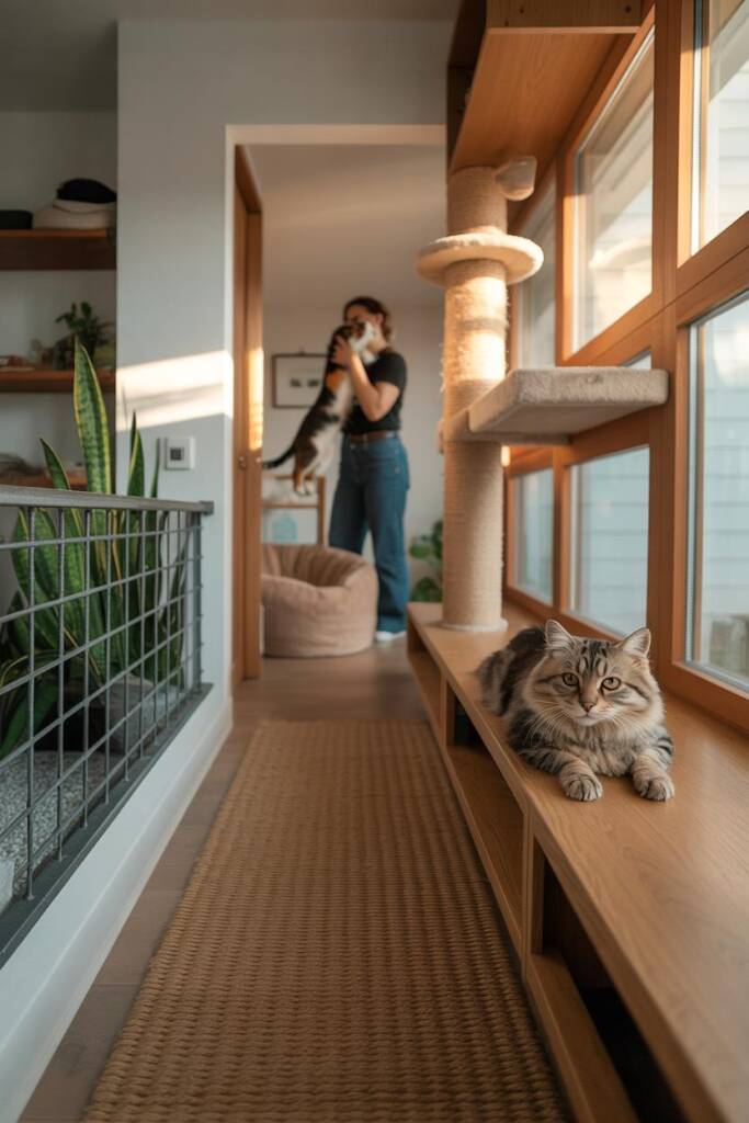 Vertical 2:3 living room plan showing a textured runner leading from entry to a sunny window perch/cat tree and a cozy dog be