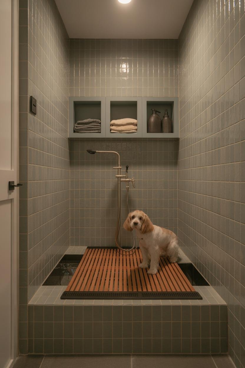Mudroom corner with zellige tiles in pale sage, a waist-high raised platform (18 inches tall) sized for medium dogs, with tea