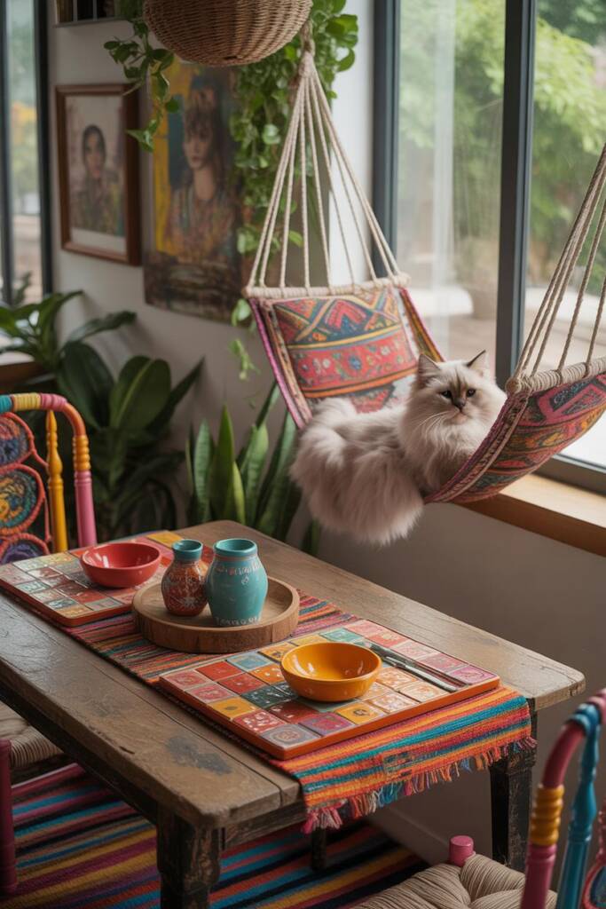 Dining vignette with eclectic chairs, bold tablecloth, and salon-style art. A raised feeding station clad in mosaic/Moroccan