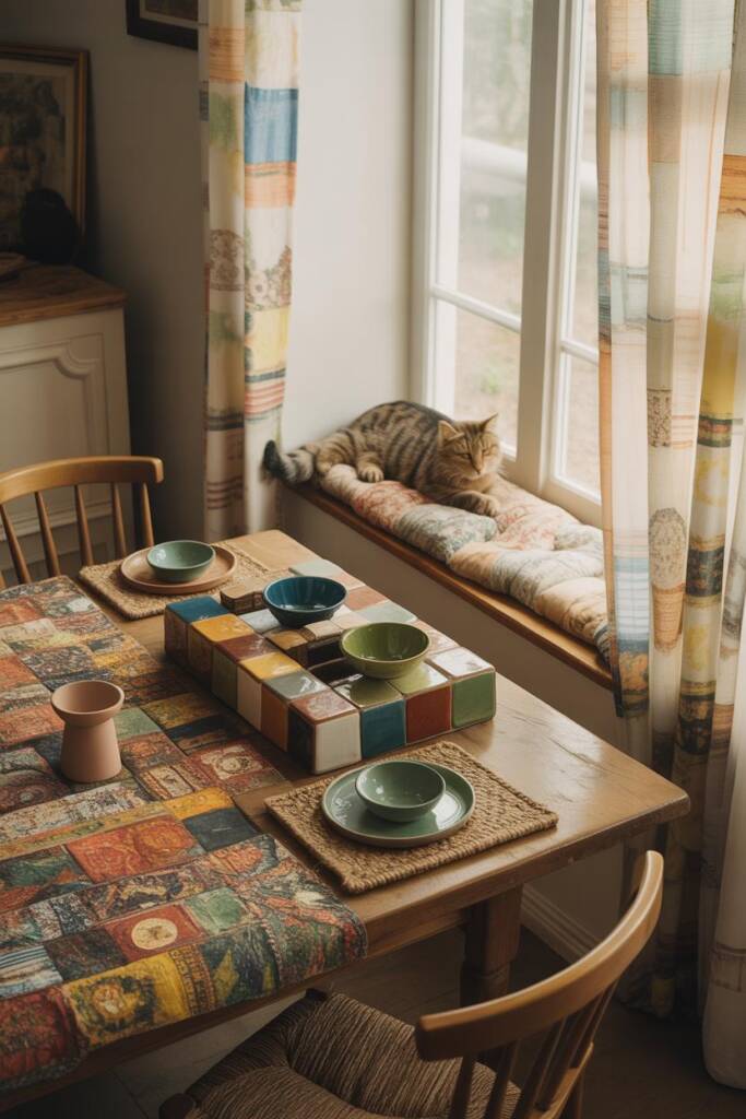 Dining vignette with eclectic chairs, bold tablecloth, and salon-style art. A raised feeding station clad in mosaic/Moroccan