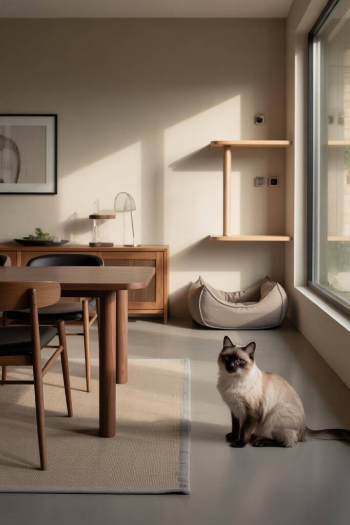Minimalist dining room with oak table, white molded chairs, and large window. Compact cat perch by window for sunlight, low-p