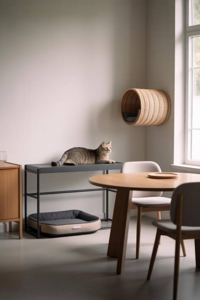 Minimalist dining room with oak table, white molded chairs, and large window. Compact cat perch by window for sunlight, low-p