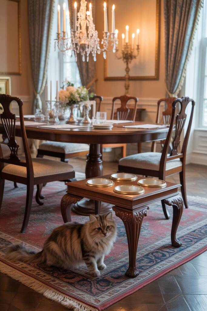 Dining room with pedestal table, Chippendale chairs, and crystal chandelier. Against wainscoting, an elevated mahogany feedin