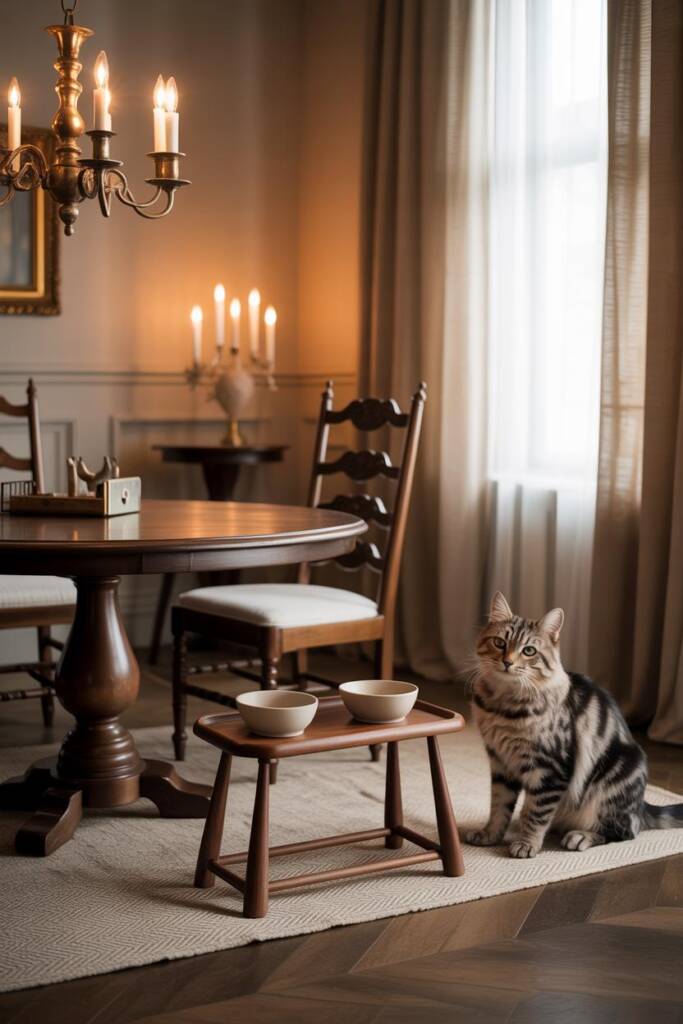 Dining room with pedestal table, Chippendale chairs, and crystal chandelier. Against wainscoting, an elevated mahogany feedin