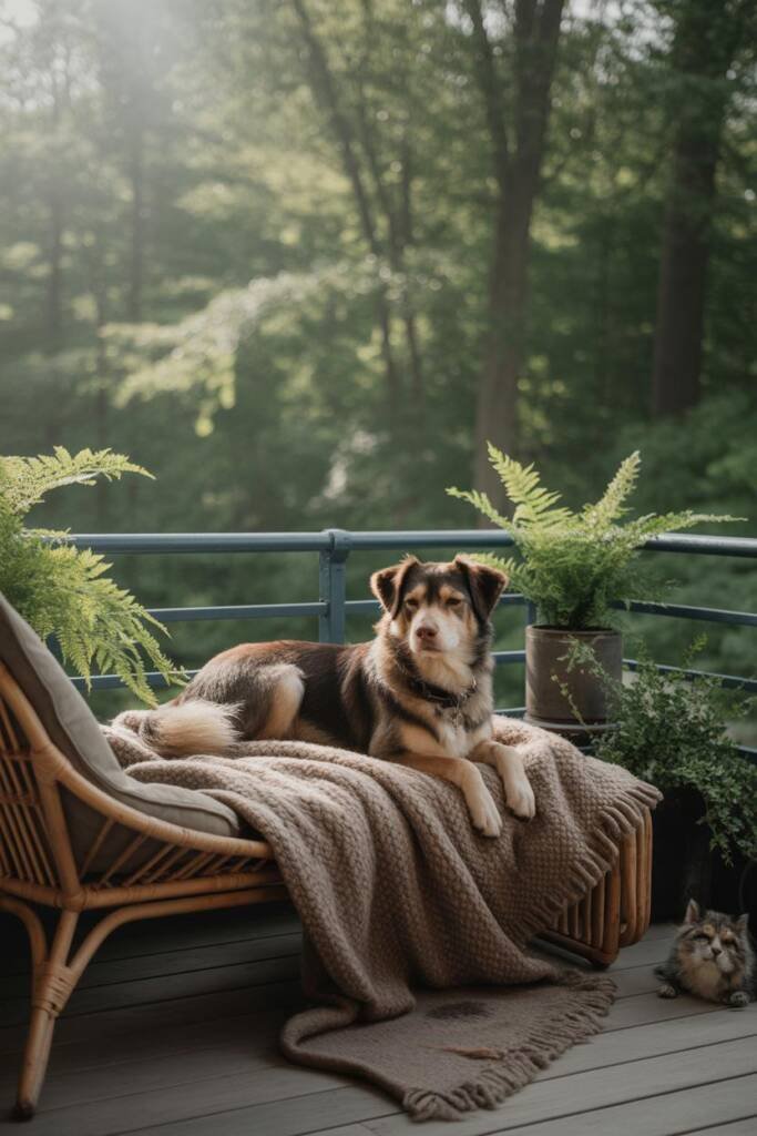 A 2:3 vertical of a shepherd-mix on Cannon Beach at low tide; Haystack Rock framed in mist, pawprints in reflective sand, own