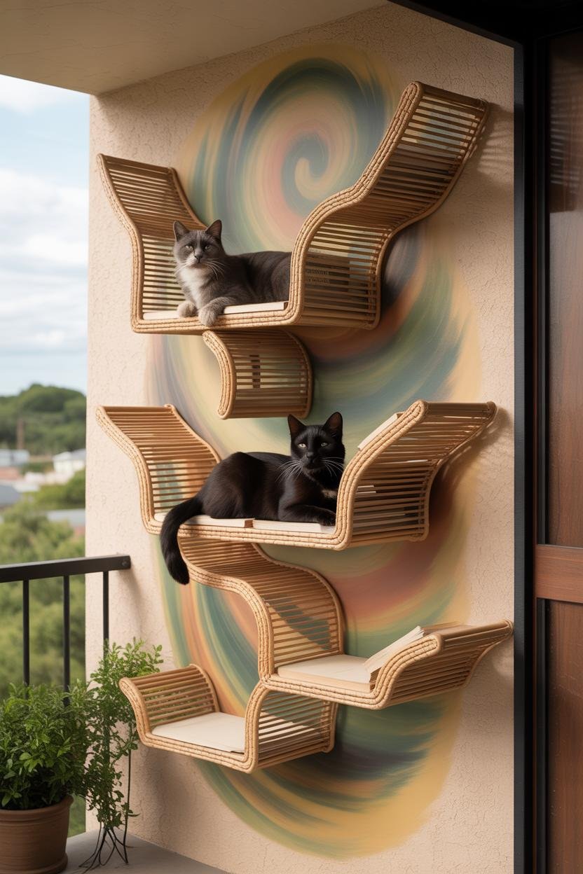 Wall bookshelf shaped like books mid-transformation into birds; shelves curve upward like wings in flight; cats perched mid-l