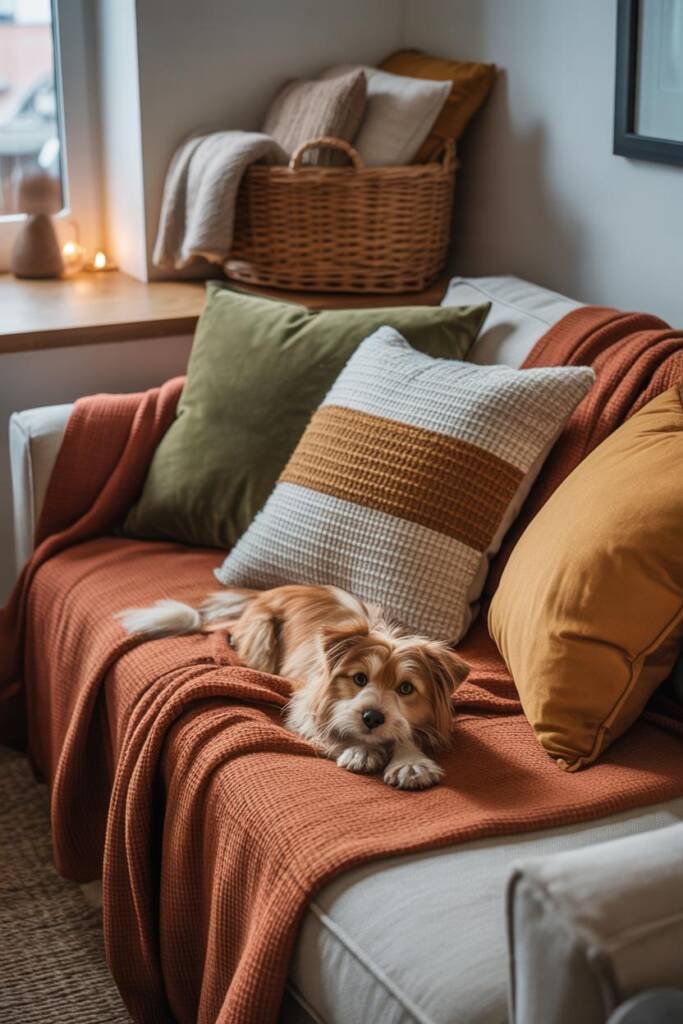 Pinterest vertical 1000x1500; sofa styled with rust/oat/olive palette, layered textures (bouclé pillows, flannel throw, cheni