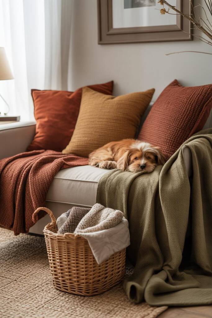 Pinterest vertical 1000x1500; sofa styled with rust/oat/olive palette, layered textures (bouclé pillows, flannel throw, cheni