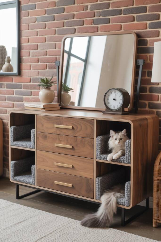 Pinterest vertical (2:3). Piece reads as a modern three-drawer dresser in warm walnut with slim brass pulls; top features a r