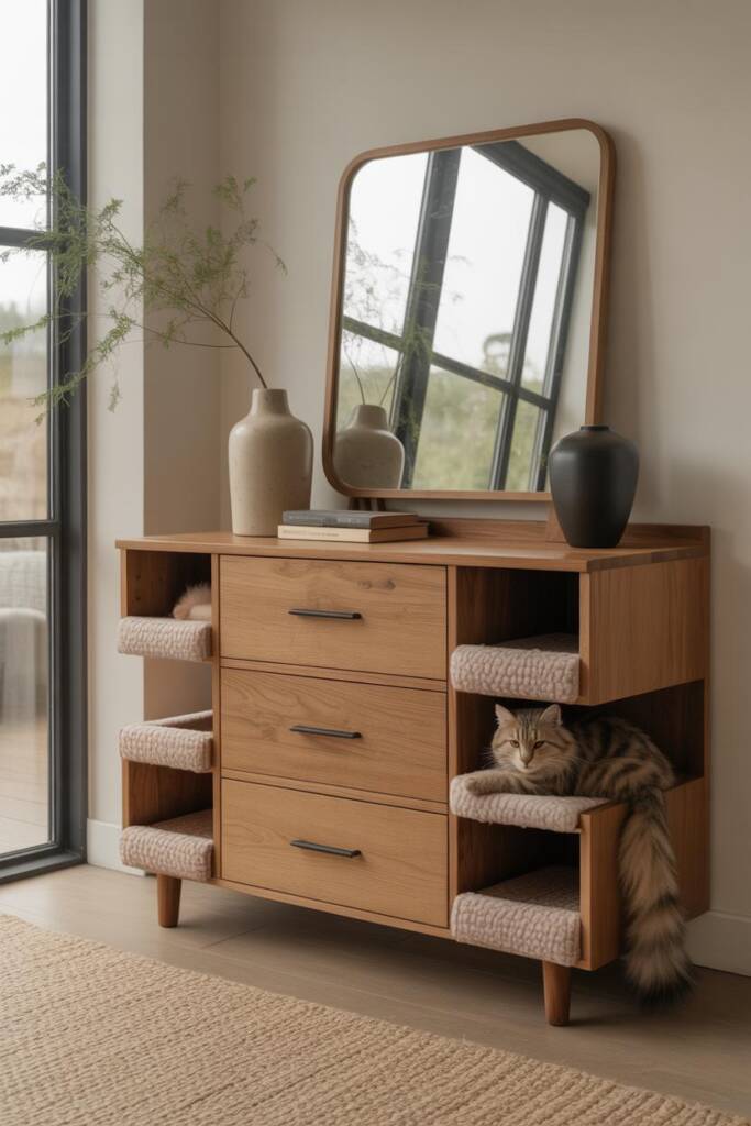 Pinterest vertical (2:3). Piece reads as a modern three-drawer dresser in warm walnut with slim brass pulls; top features a r