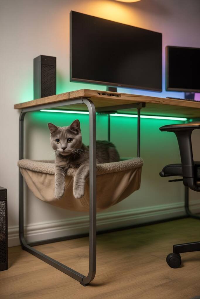 Photorealistic 3:4 image of a sleek black-and-oak gaming desk with a built-in side cubby lined with sherpa where a gray tabby