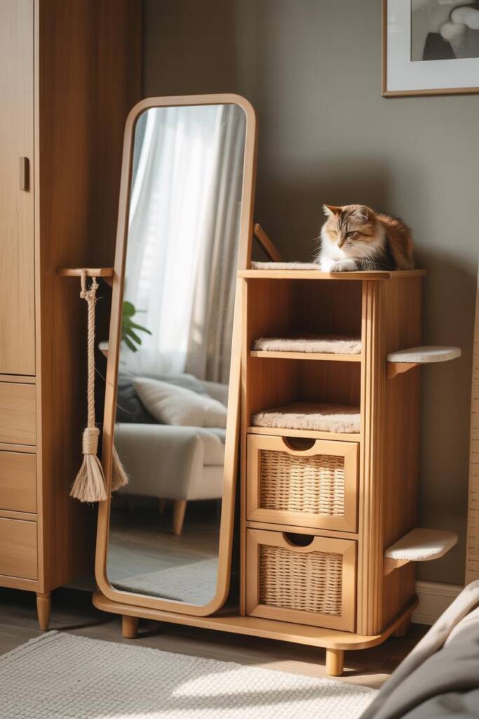 Pinterest vertical (2:3). Freestanding cabinet-height unit: front is a tall rectangular vanity mirror with soft bevel; rear s