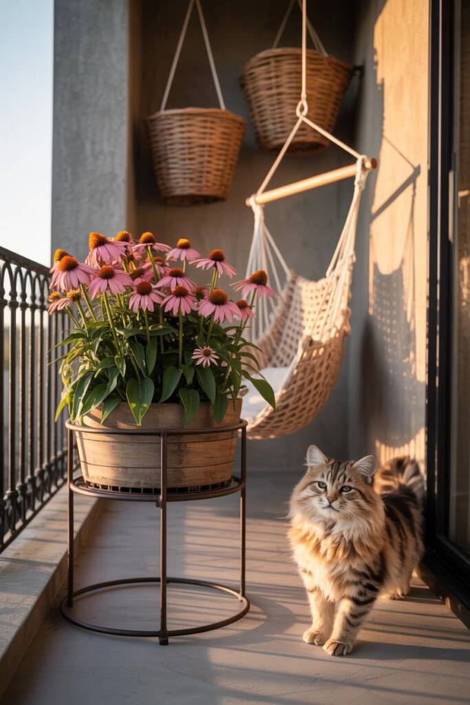 Echinacea flowers in bloom with a cat stretching beside them. herbs that are safe echinacea for pets