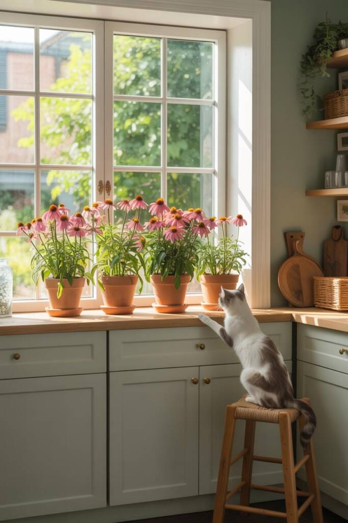 Echinacea flowers in bloom with a cat stretching beside them. herbs that are safe echinacea for pets