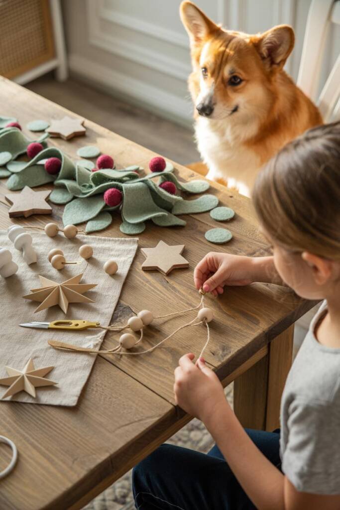 Pinterest vertical 2:3. Flatlay + lifestyle hybrid: handmade felt garlands, origami paper stars, wood bead ornaments on linen