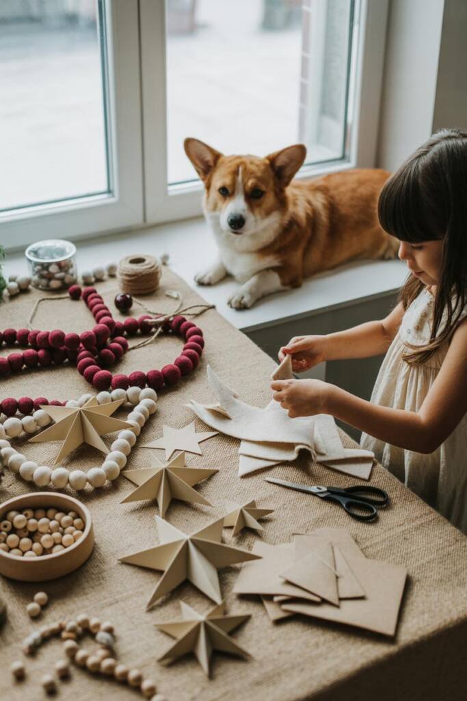 Pinterest vertical 2:3. Flatlay + lifestyle hybrid: handmade felt garlands, origami paper stars, wood bead ornaments on linen