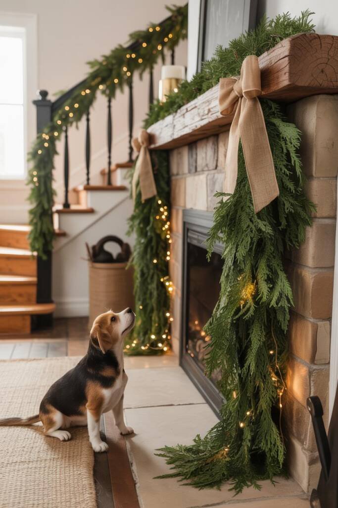 Pinterest vertical 2:3. Elegant mantel with faux evergreen garland draped high, velvet bows, warm micro-LEDs; matching stair