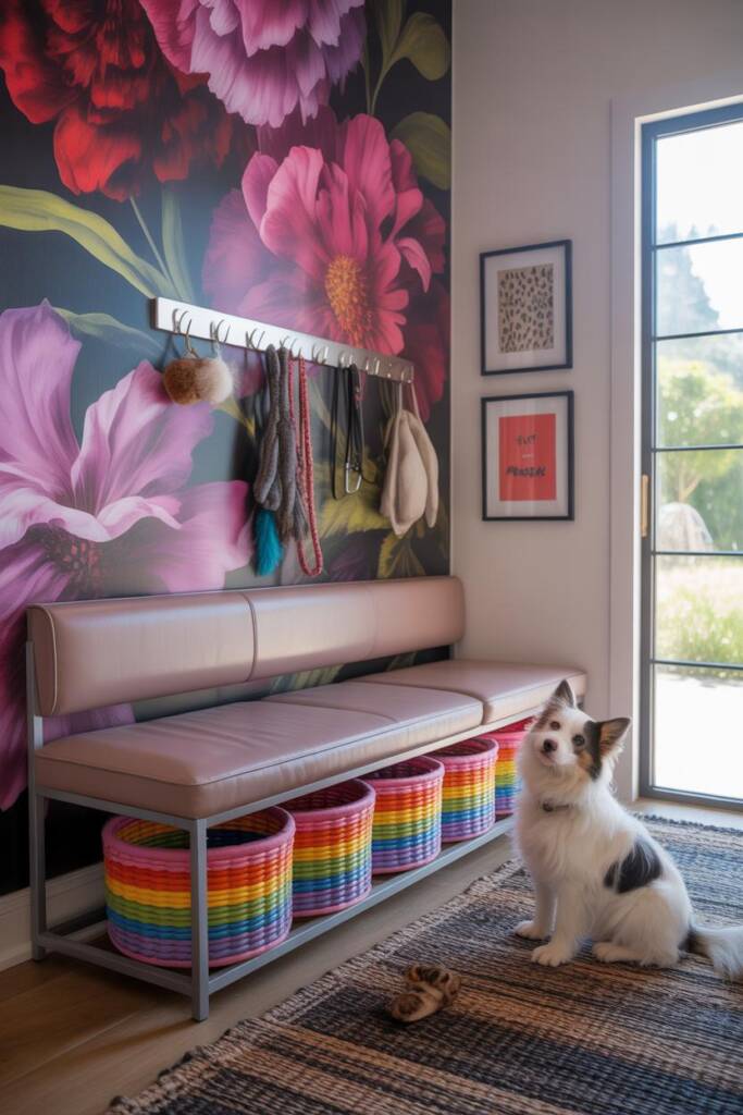 Entry hall with bold mural or statement wallpaper, patterned runner, and mix-and-match framed art. An upholstered storage ben