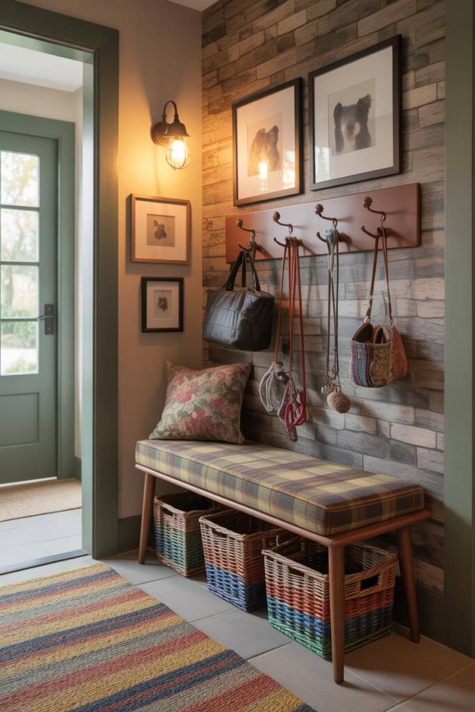 Entry hall with bold mural or statement wallpaper, patterned runner, and mix-and-match framed art. An upholstered storage ben