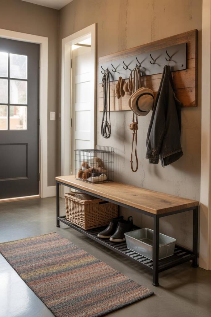 Entry with concrete slab floor, raw plaster wall, and black steel-framed bench with thick wood seat. Under-bench crate stores