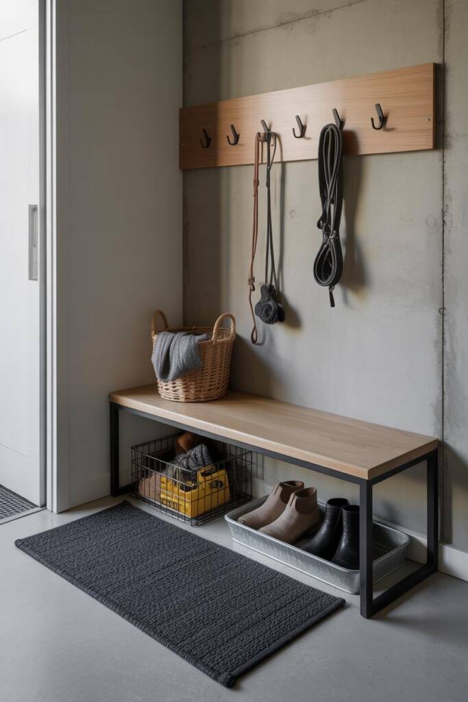 Entry with concrete slab floor, raw plaster wall, and black steel-framed bench with thick wood seat. Under-bench crate stores