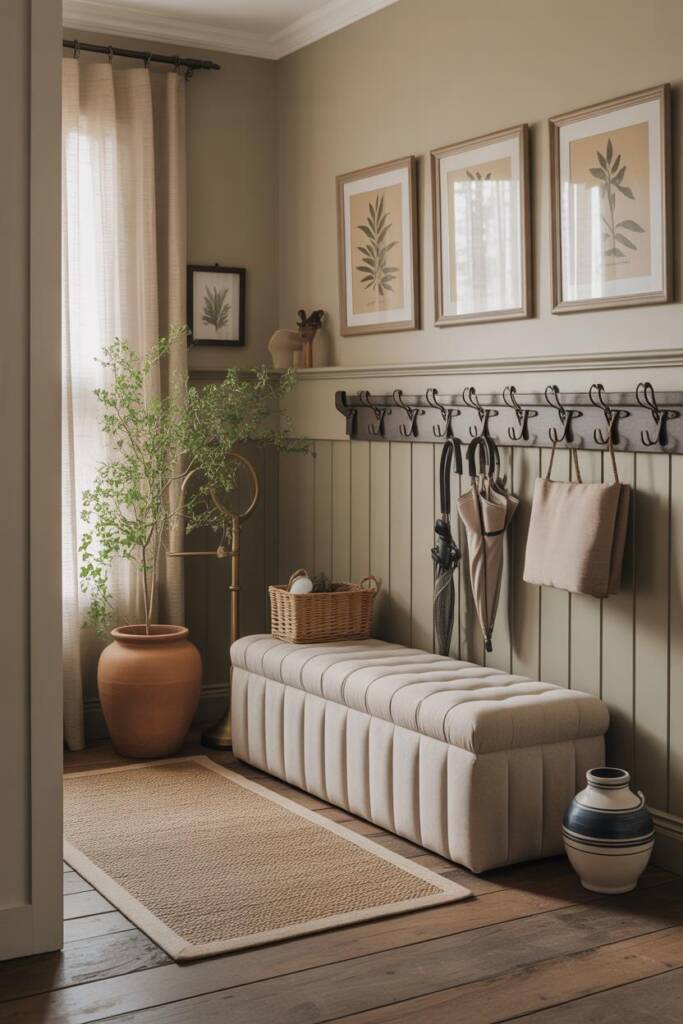 Entry hall with checkerboard marble and framed botanical prints. A tufted-upholstery storage bench in neutral linen conceals