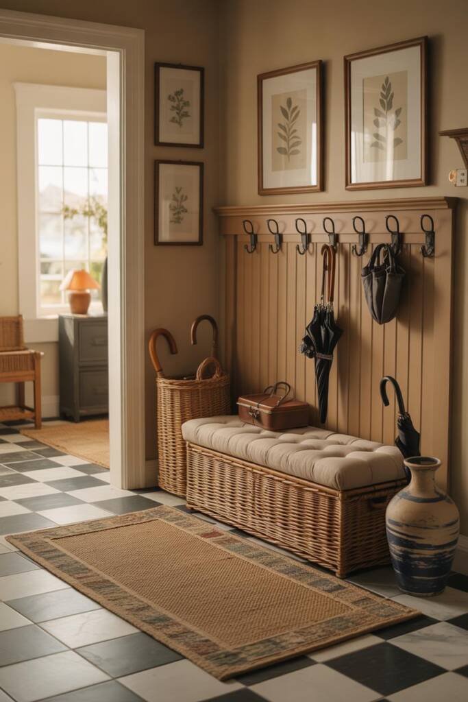 Entry hall with checkerboard marble and framed botanical prints. A tufted-upholstery storage bench in neutral linen conceals
