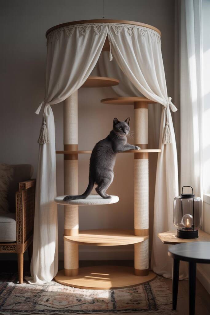 Pinterest vertical (2:3). Dramatic canopy design aligned with Moroccan cat lounge cat trees: tall tower topped with draped co