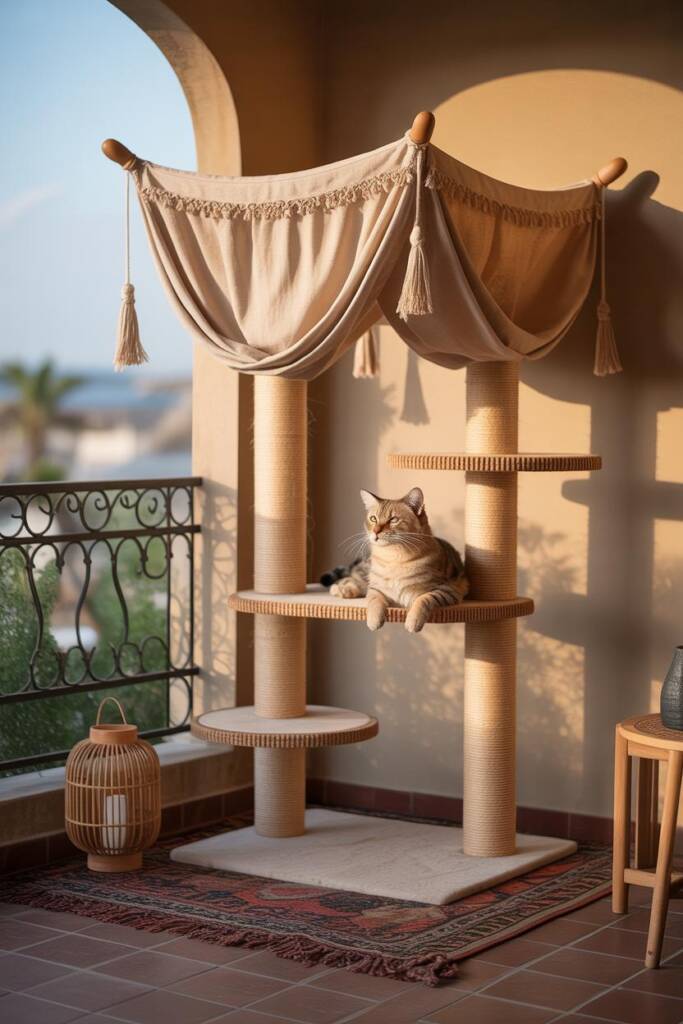 Pinterest vertical (2:3). Dramatic canopy design aligned with Moroccan cat lounge cat trees: tall tower topped with draped co